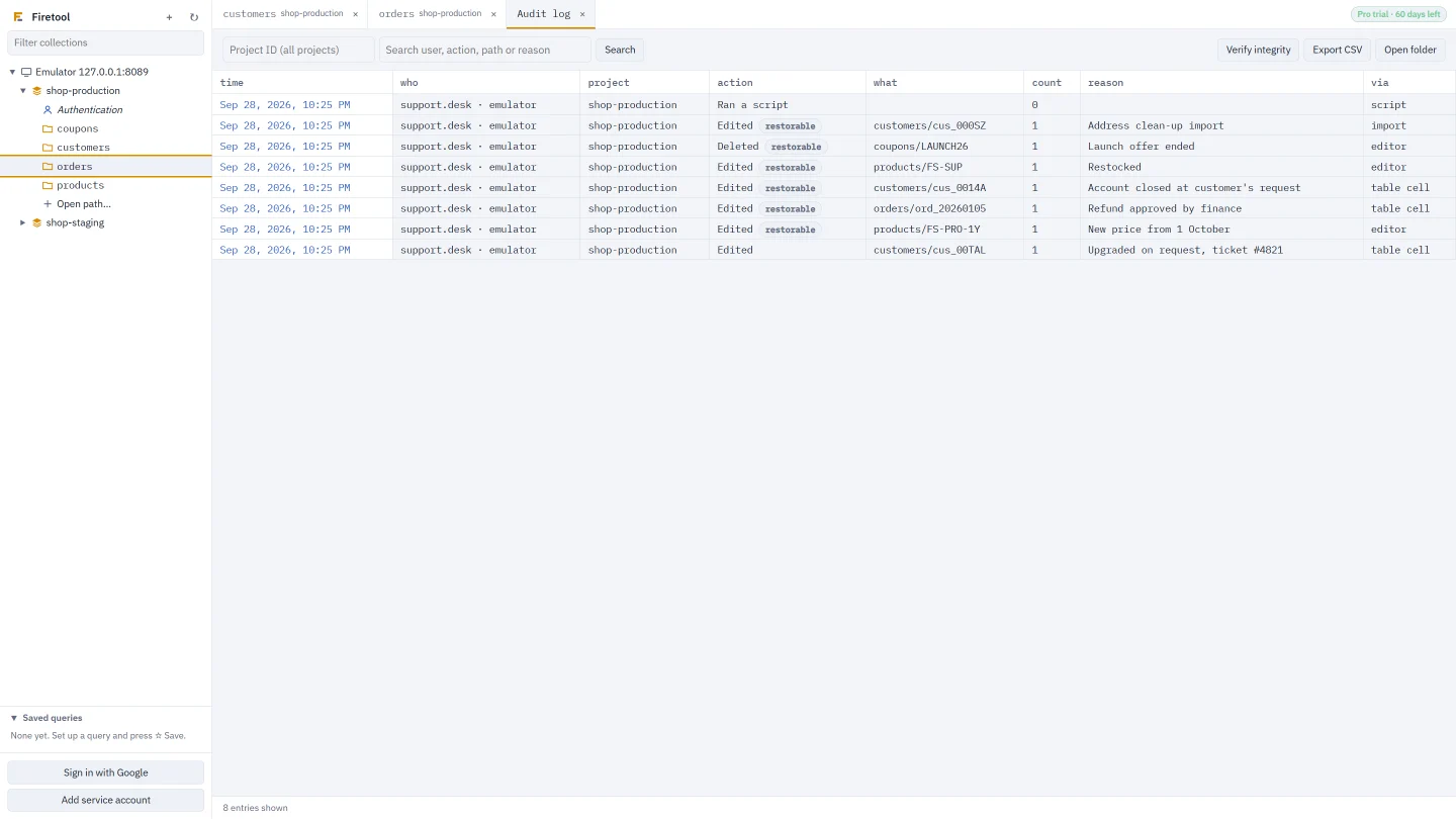 The audit log listing changes with who made them, the reason, and which can be restored